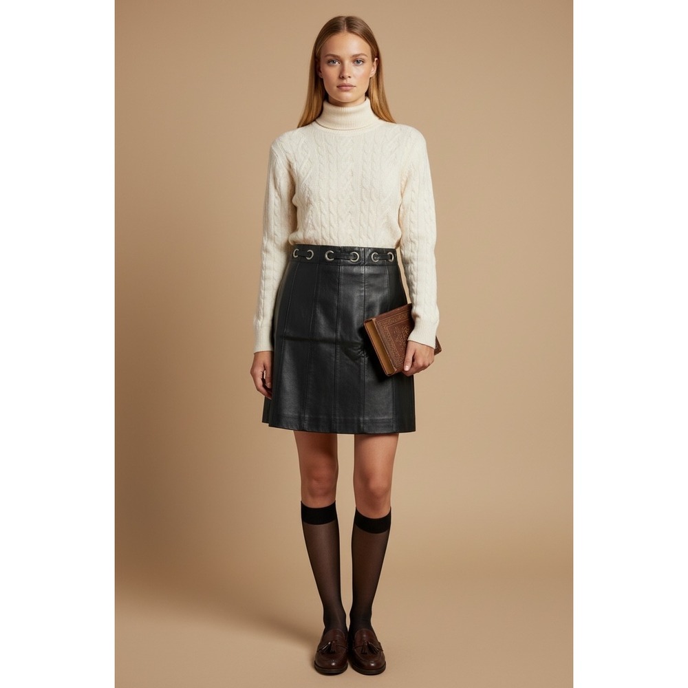 Spanner Black Genuine Leather Grommet Detail Panelled Skirt Size 6